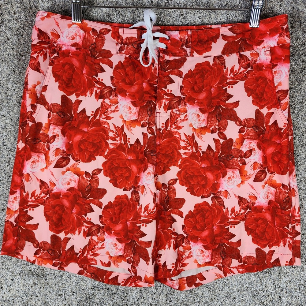 Kortni Jeane Swim Trunks Mens 34 Floral Red Rose Board Shorts Excellent